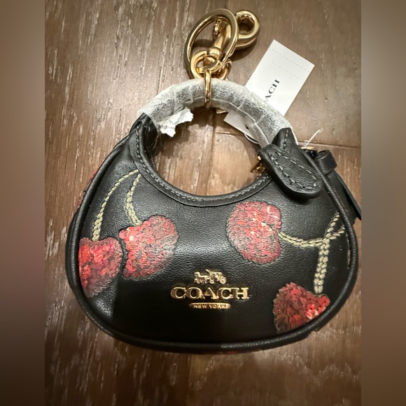 Coach Black Leather Poppy Floral Key Charm with Gold Hardware - Picture 3 of 8